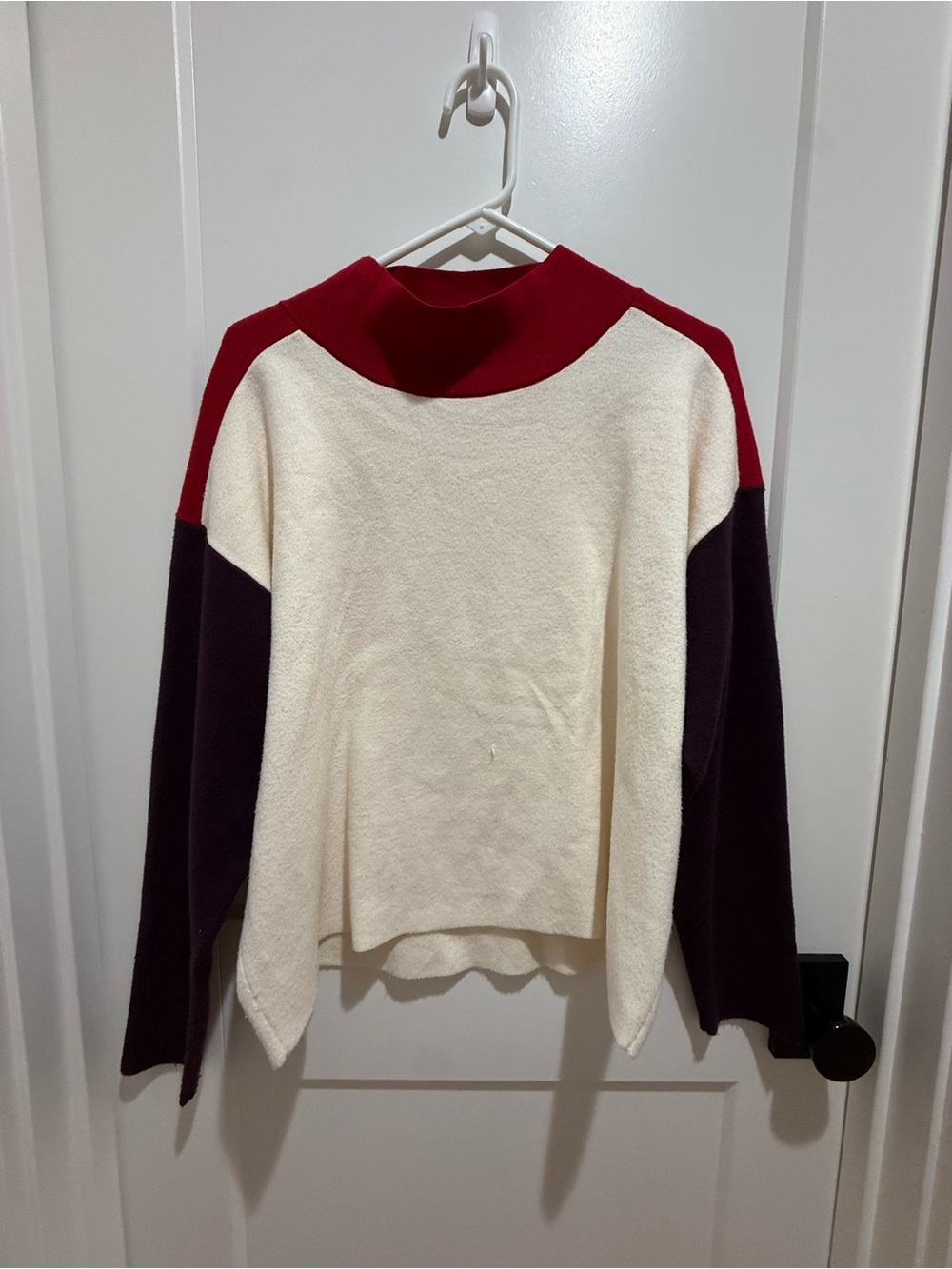 Maeve Cream Colorblock Sweater with Red Neckline & Dark Purple Sleeves